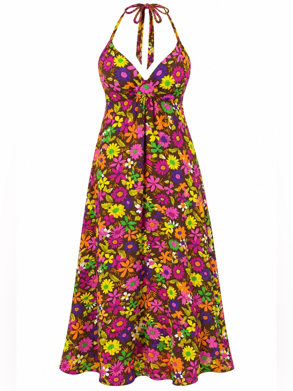 Free People Vintage Brown Psychedelic Floral Halter Maxi Dress Sz 8 70s Boho Y2K